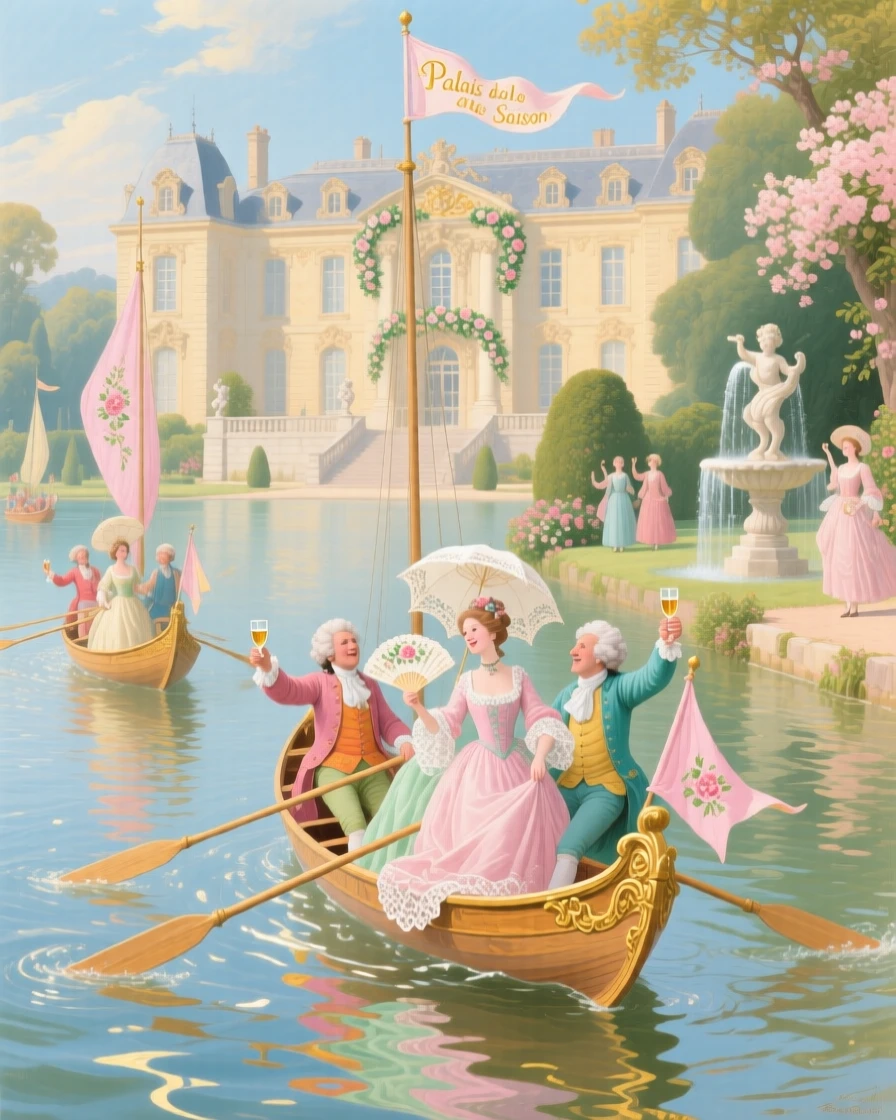 A summer boat race on a palace lake with cheering guests along the shore  
