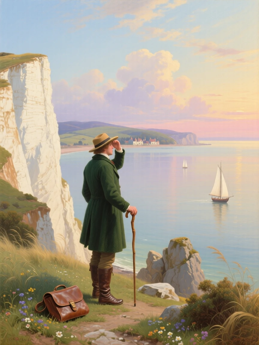 A chalk cliff overlooking a calm bay, with a solitary traveler pausing to take in the view.