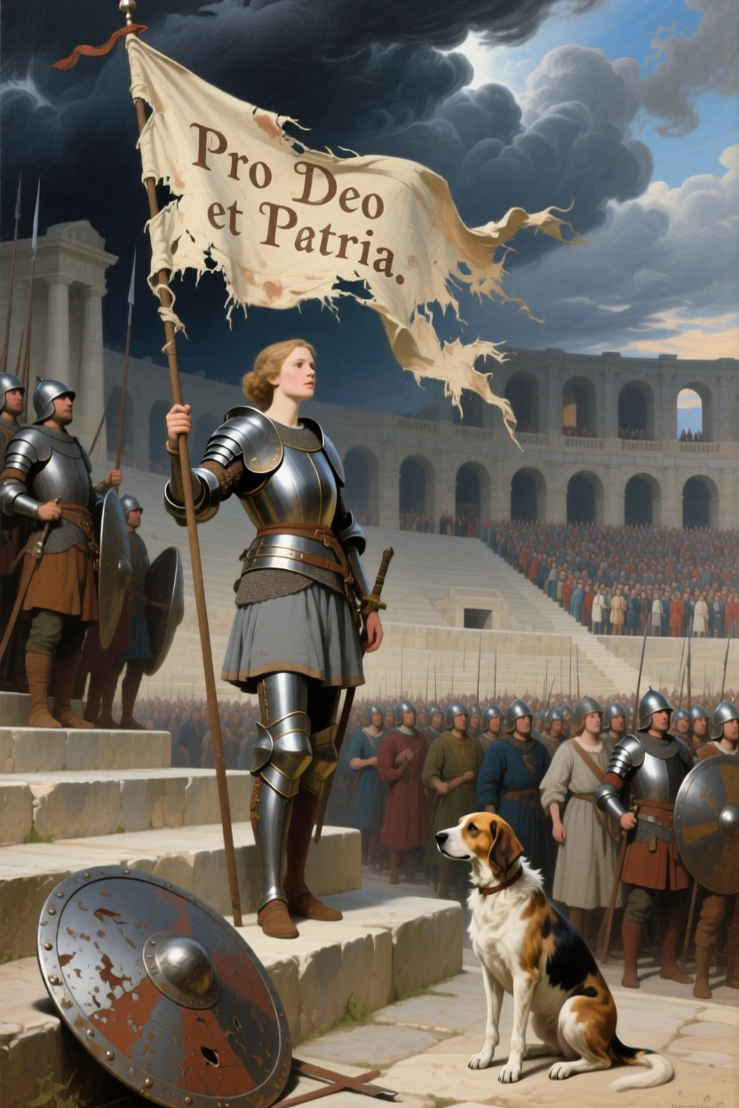 Joan of Arc rallying her soldiers beneath a tattered banner as thunder rolls across a darkening sky, set on the steps of a grand amphitheater filled with spectators, with a faithful hound and a fallen shield resting nearby; the horizon splits the scene between earthly struggle and divine light, filled with reverence for legend made flesh.