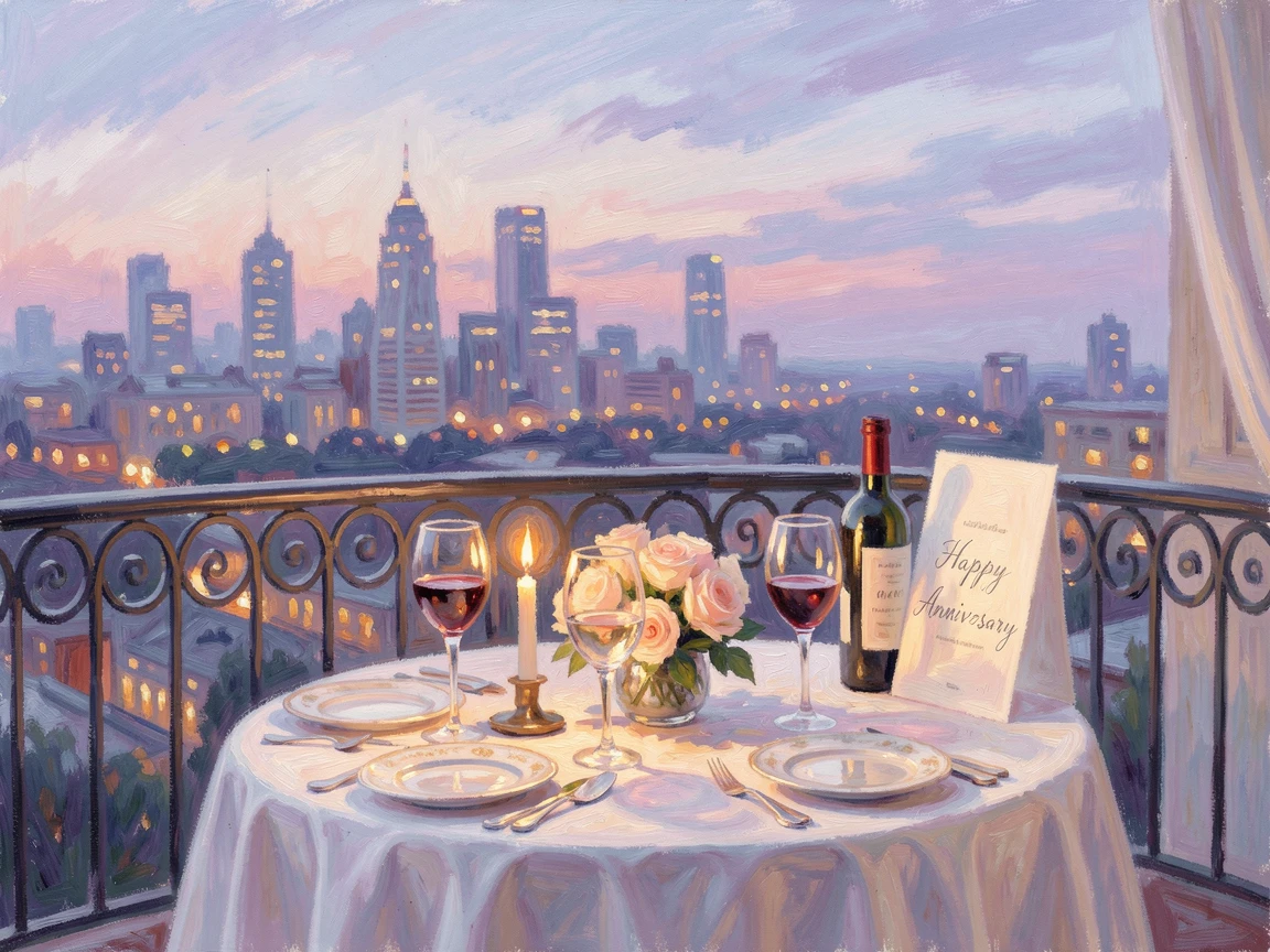 A quiet anniversary dinner set on a balcony overlooking a city skyline at twilight.