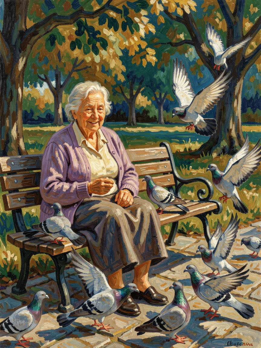 An elderly woman feeding pigeons on a park bench, a gentle smile on her face.