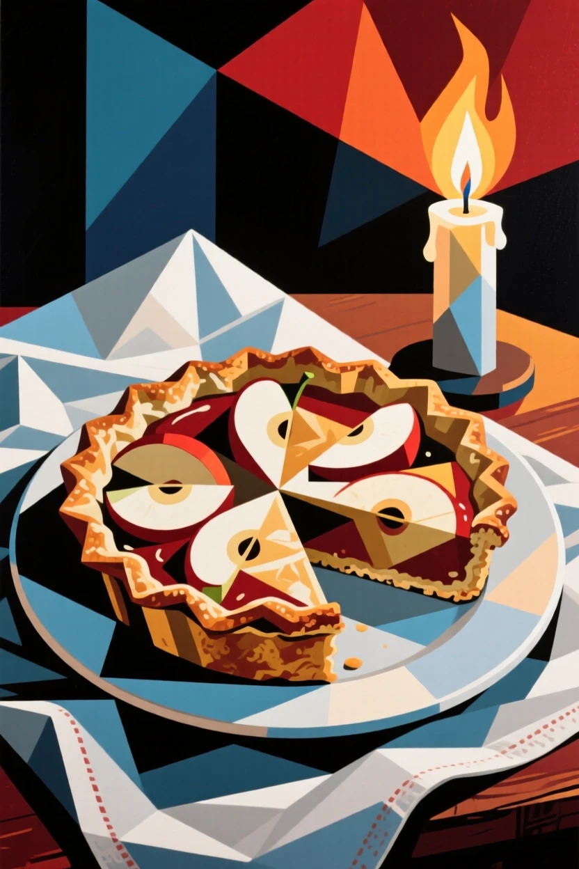 A mouthwatering image of a rustic apple pie fresh from the oven plated elegantly for a candlelit dinner.