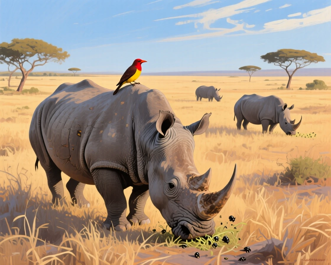 A rhinoceros grazes peacefully on the African savanna as a small bird perches on its back, picking insects from its thick gray hide, other members of its group visible nearby, reinforcing the social nature of the scene.