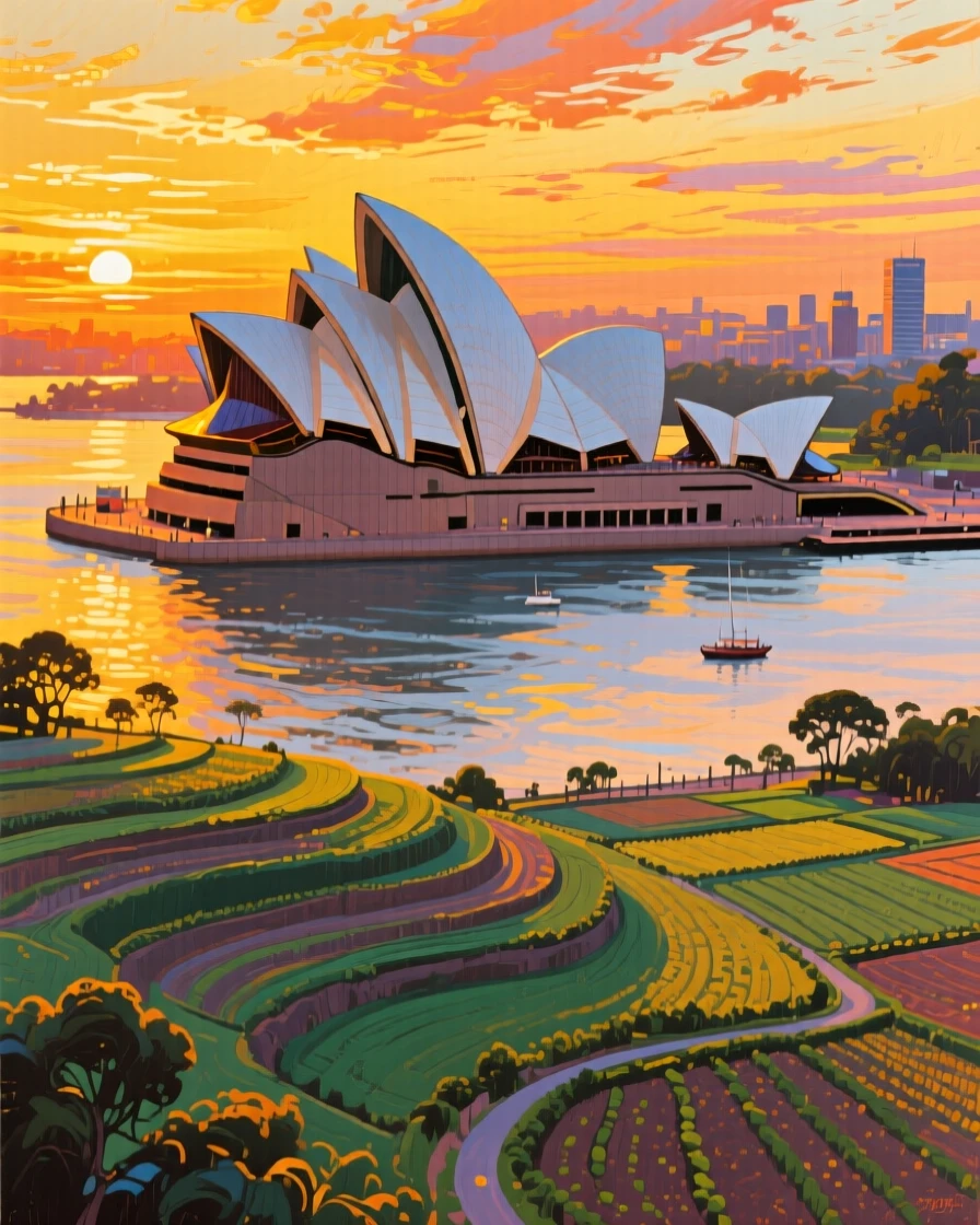 The Sydney Opera House against a vivid harbor sunset, bathed in golden sunset light, terraced fields spreading out below