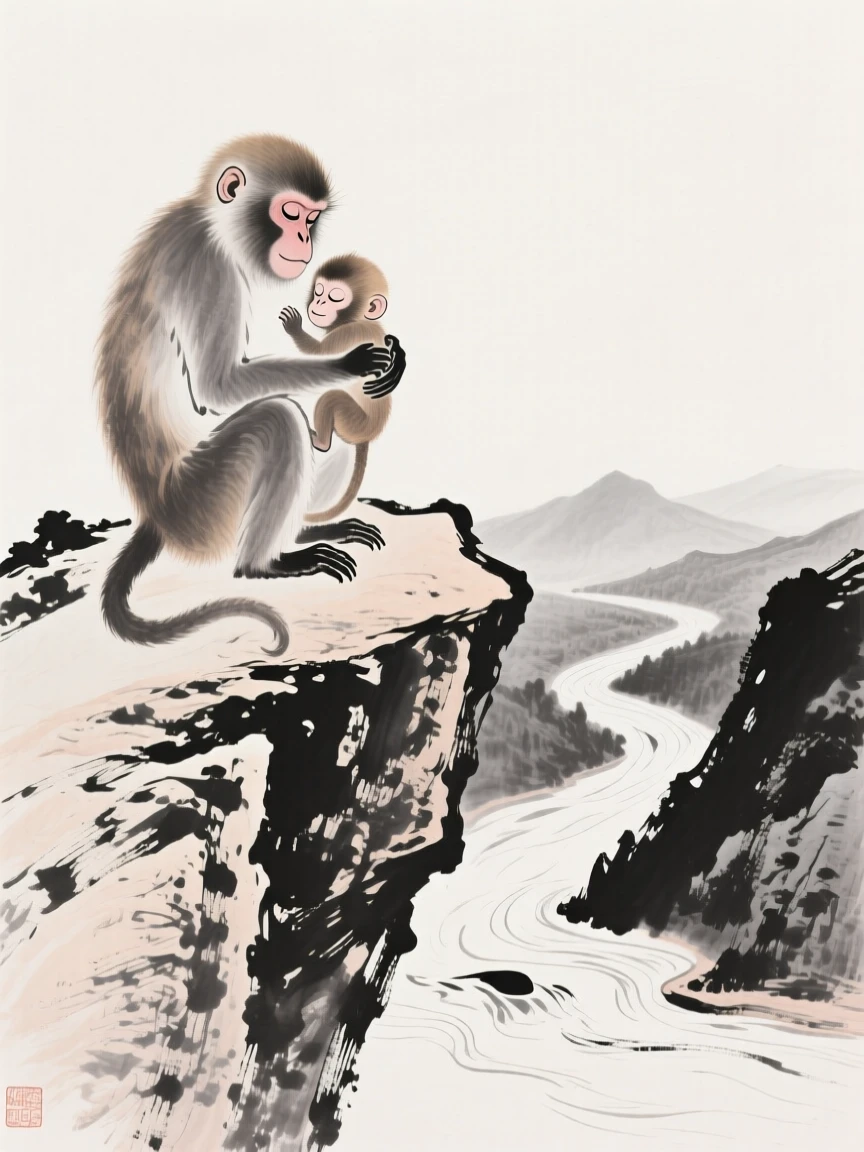 A mother monkey cradles her infant on a rocky ledge, high above a winding mountain river.