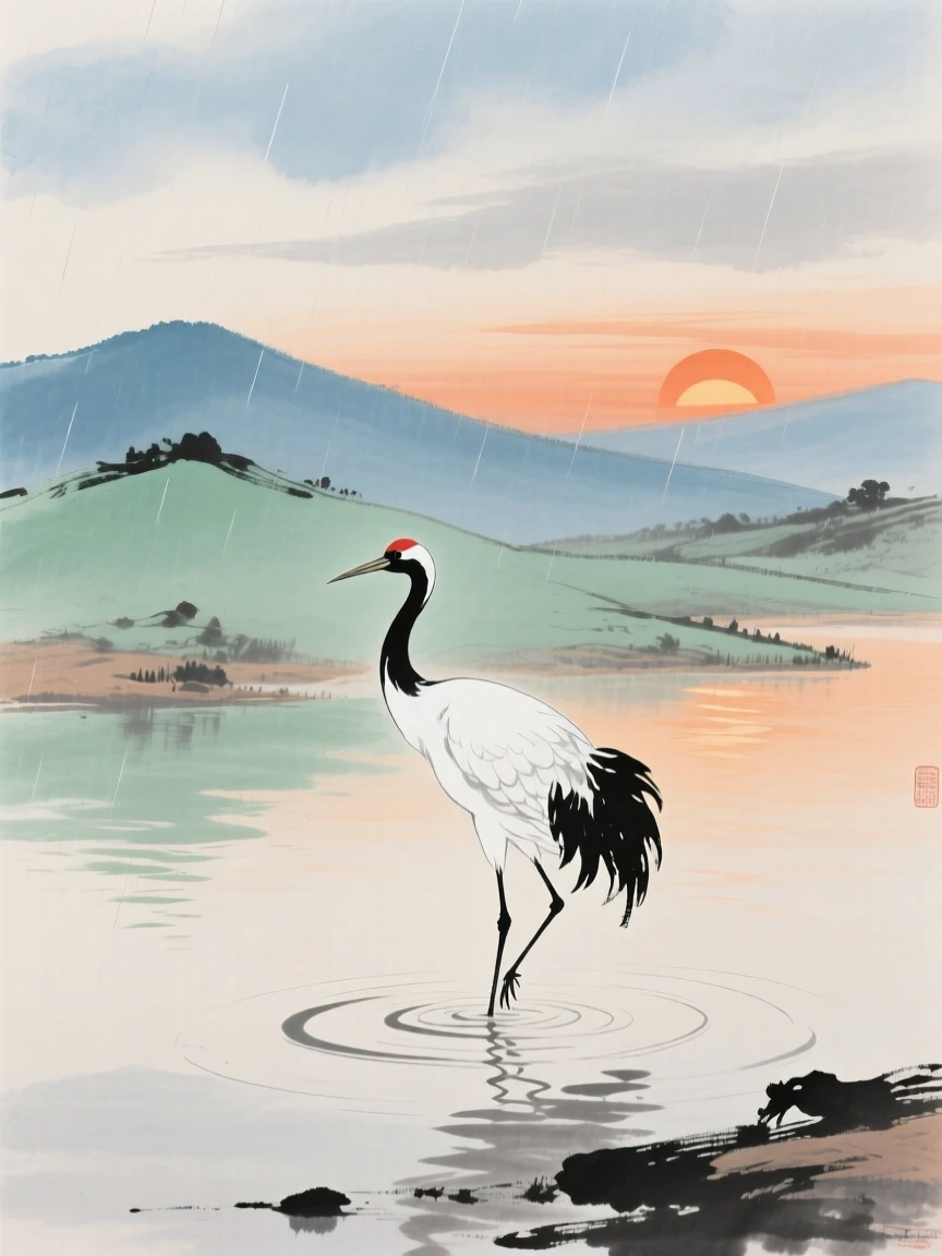 A lone crane standing in shallow water as the sun sets behind the hills, beneath a sky washed clean by rain, brimming with peaceful contentment.