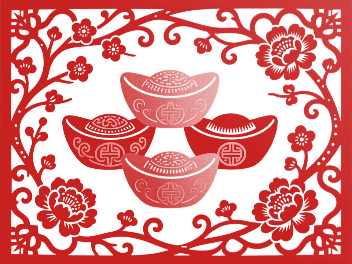 A cluster of gold ingots, set against a field of scrolling vines, a wish for prosperity in the year ahead.