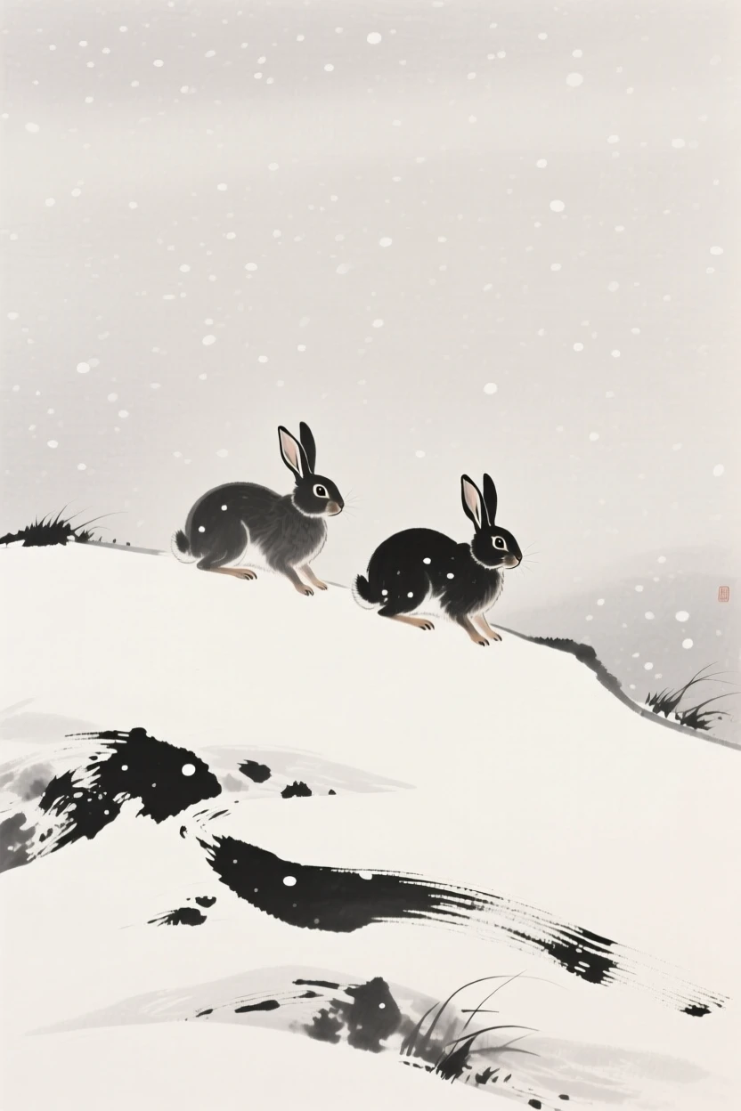 A pair of rabbits moving silently through falling snow on a snow-covered hillside, captured in profile against a soft, empty background, conveying quiet strength and natural grace.