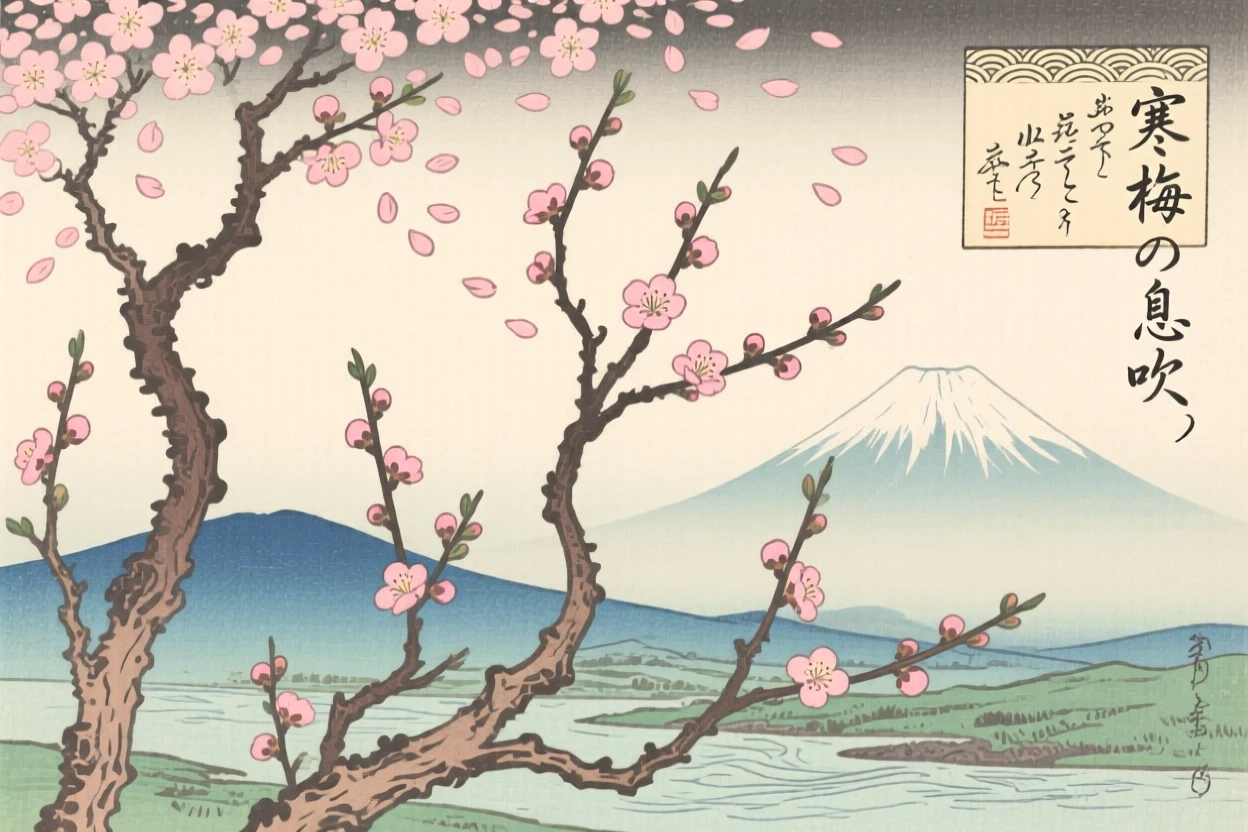 Bare plum branches budding with new blossoms beneath a canopy of drifting petals.