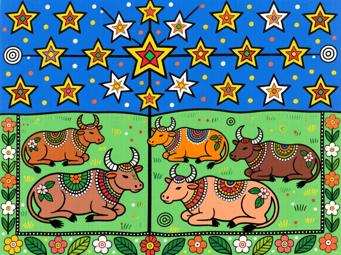 A sky filled with stars above a field of resting cattle.
