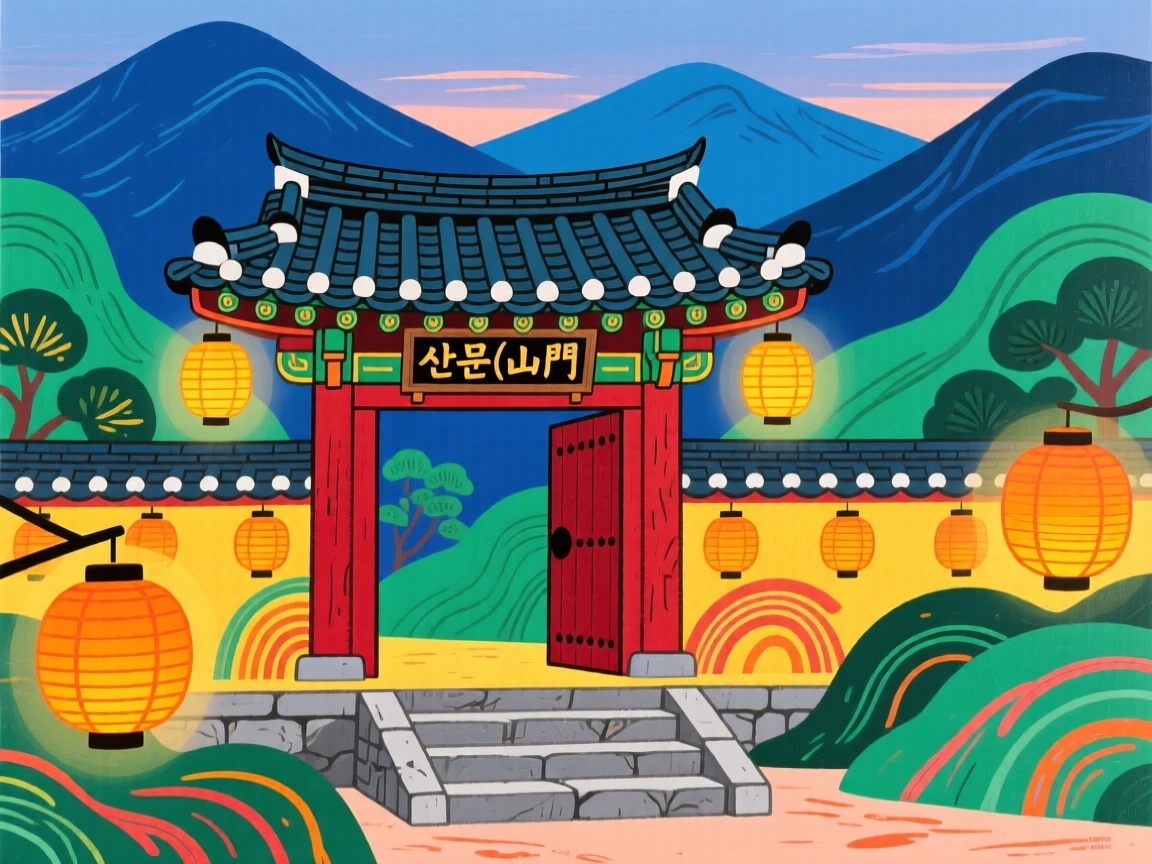 A mountain temple gate as lanterns are lit for the evening.