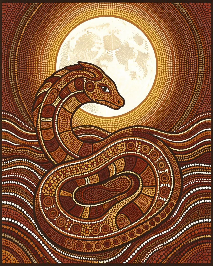 A sea serpent illuminated beneath a full moon