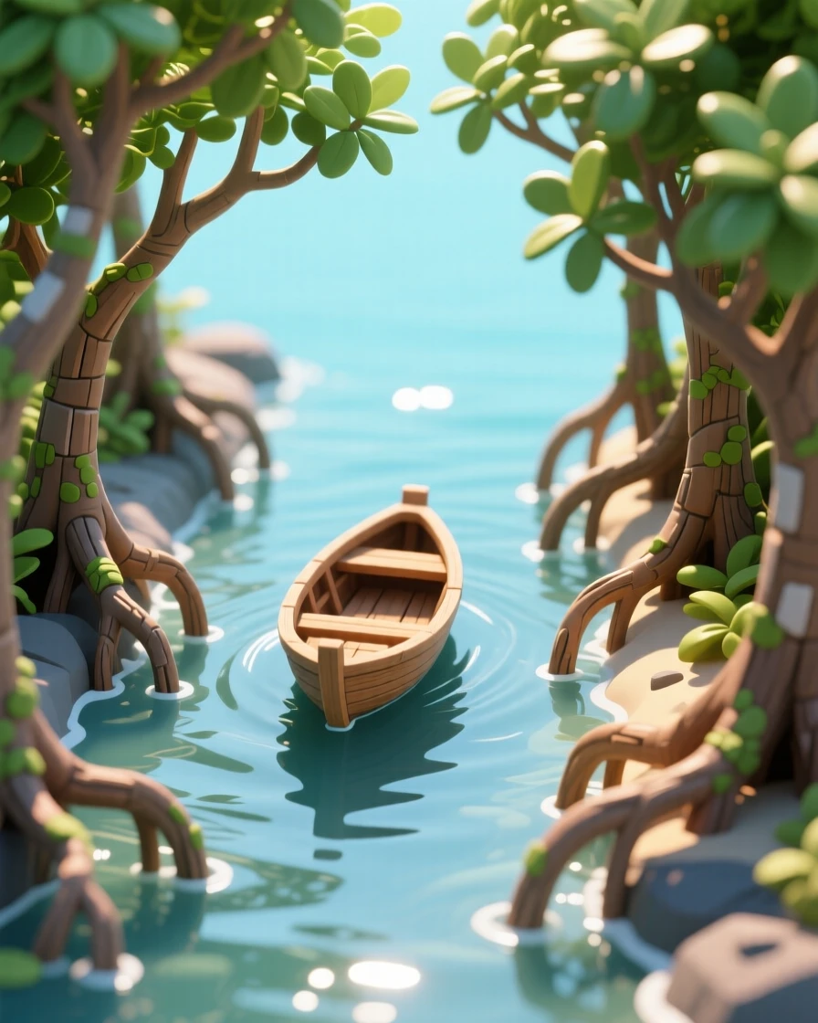 A coastal mangrove tunnel with roots arching over calm water, sunlight filtering through leaves, and a small boat gliding silently through.