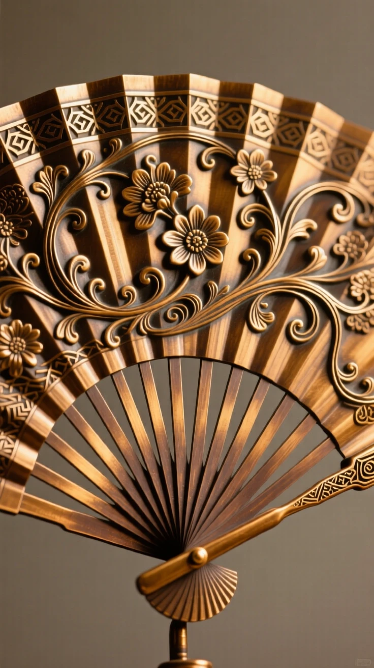 A decorative fan unfolded to reveal intricate artwork, rendered with exquisite, luminous detail, radiating elegance and refinement