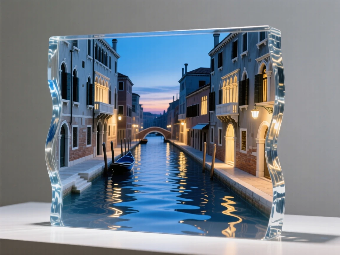 A Venetian canal lined with historic buildings at blue hour with soft ambient lighting beginning to glow, reflections shimmering nearby, evoking timeless elegance.