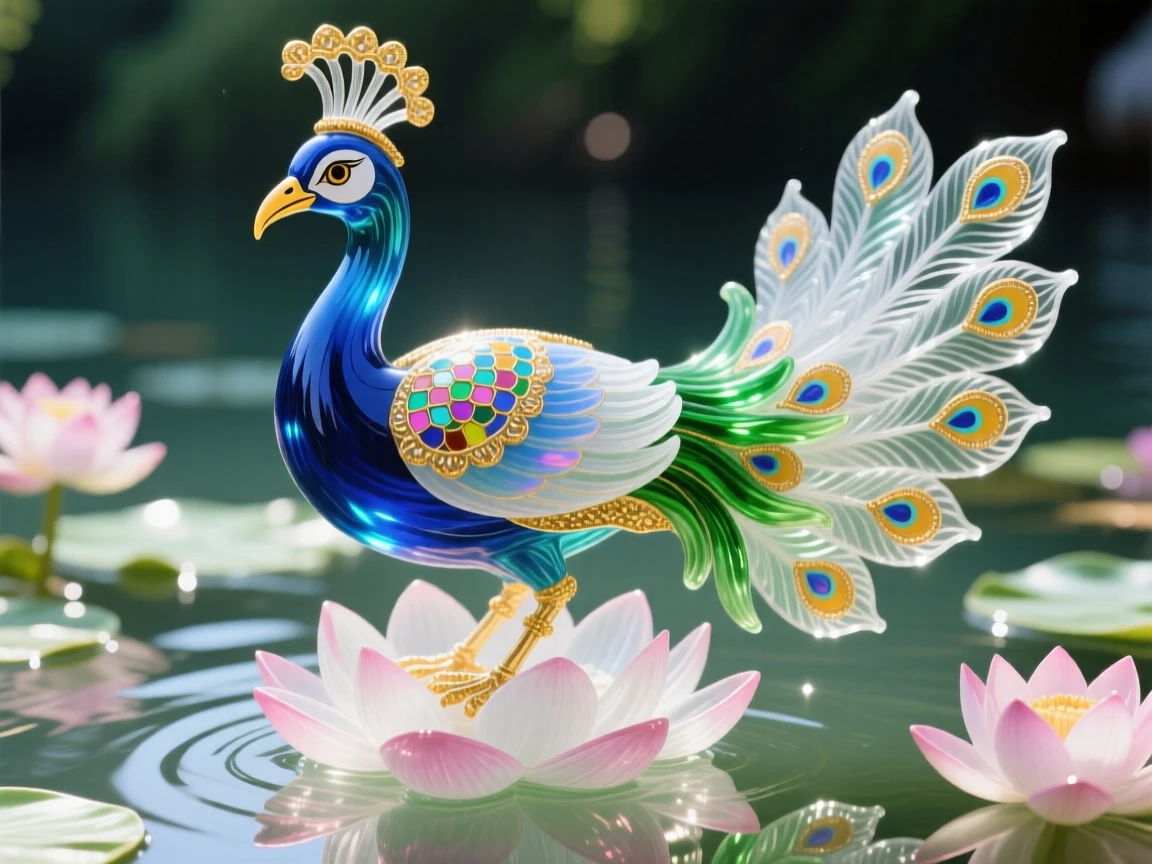 A Hindu peacock representing Saraswati amid blooming lotus ponds, elegant and sacred.