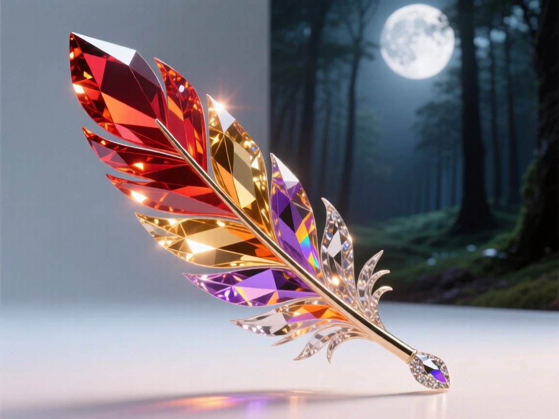 A phoenix feather glowing softly as it drifts down through a moonlit forest clearing.