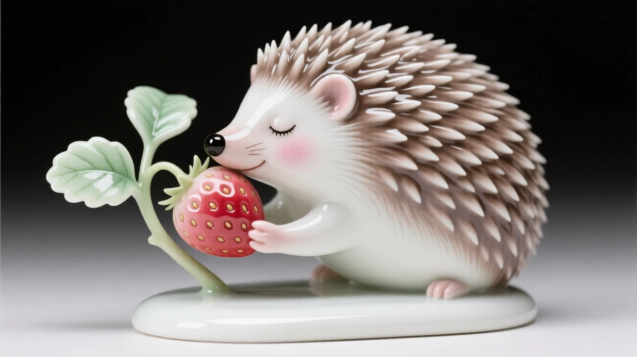 A tiny hedgehog nibbling on a wild strawberry, radiating quiet, gentle charm.