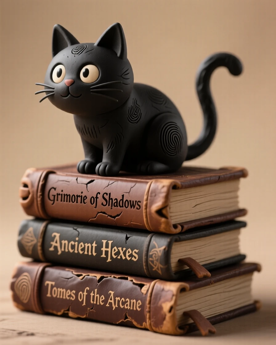 A witch's black cat perched on a stack of ancient spellbooks
