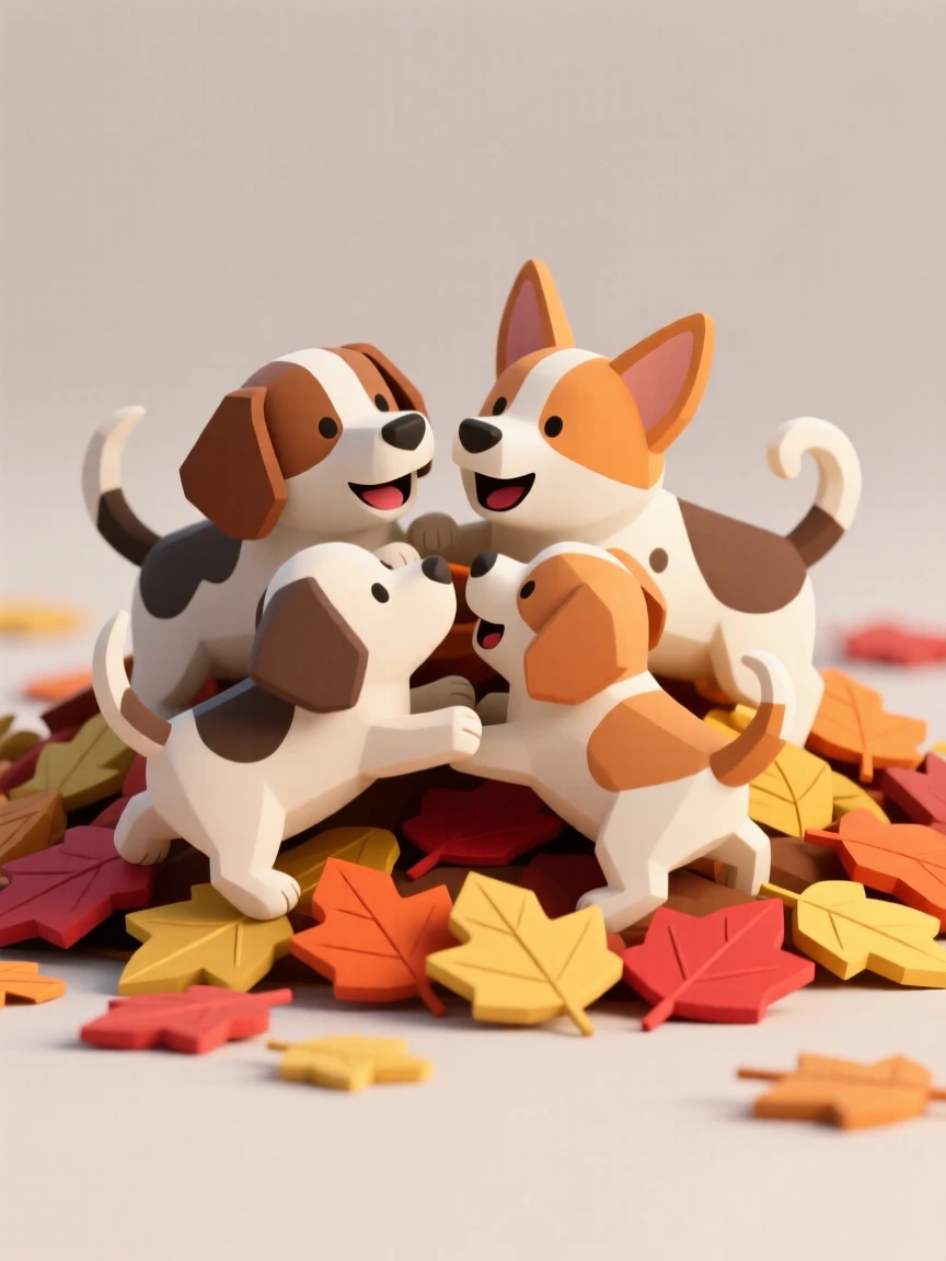 A playful group of puppies wrestle together in a pile of colorful autumn leaves, tails wagging with pure delight.