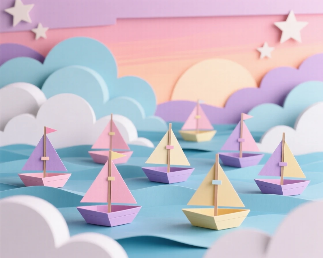 A surreal ocean of clouds with tiny sailboats drifting across the fluffy surface under a pastel sunset sky, evoking peaceful dreamlike escape.