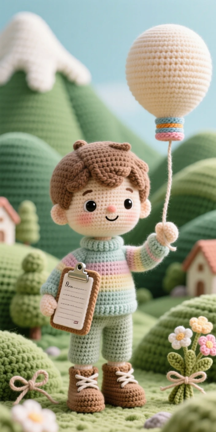 a small boy weather balloon scientist, with a clipboard and a curious grin, releasing a small balloon into the sky, in a mountain village nestled among green hills, with a bundle of fresh flowers tied with twine nearby, conveying tender patience and unhurried craftsmanship.