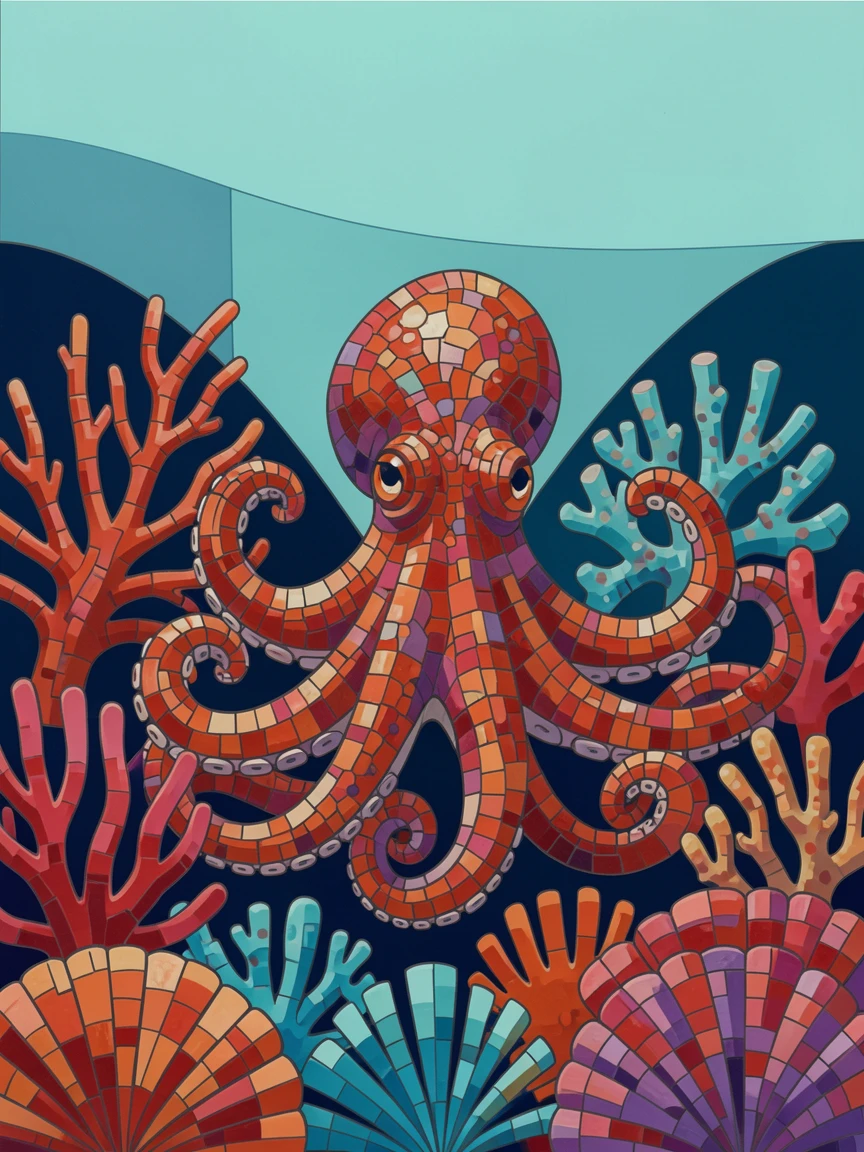 A vibrant octopus camouflaged among colorful coral formations.
