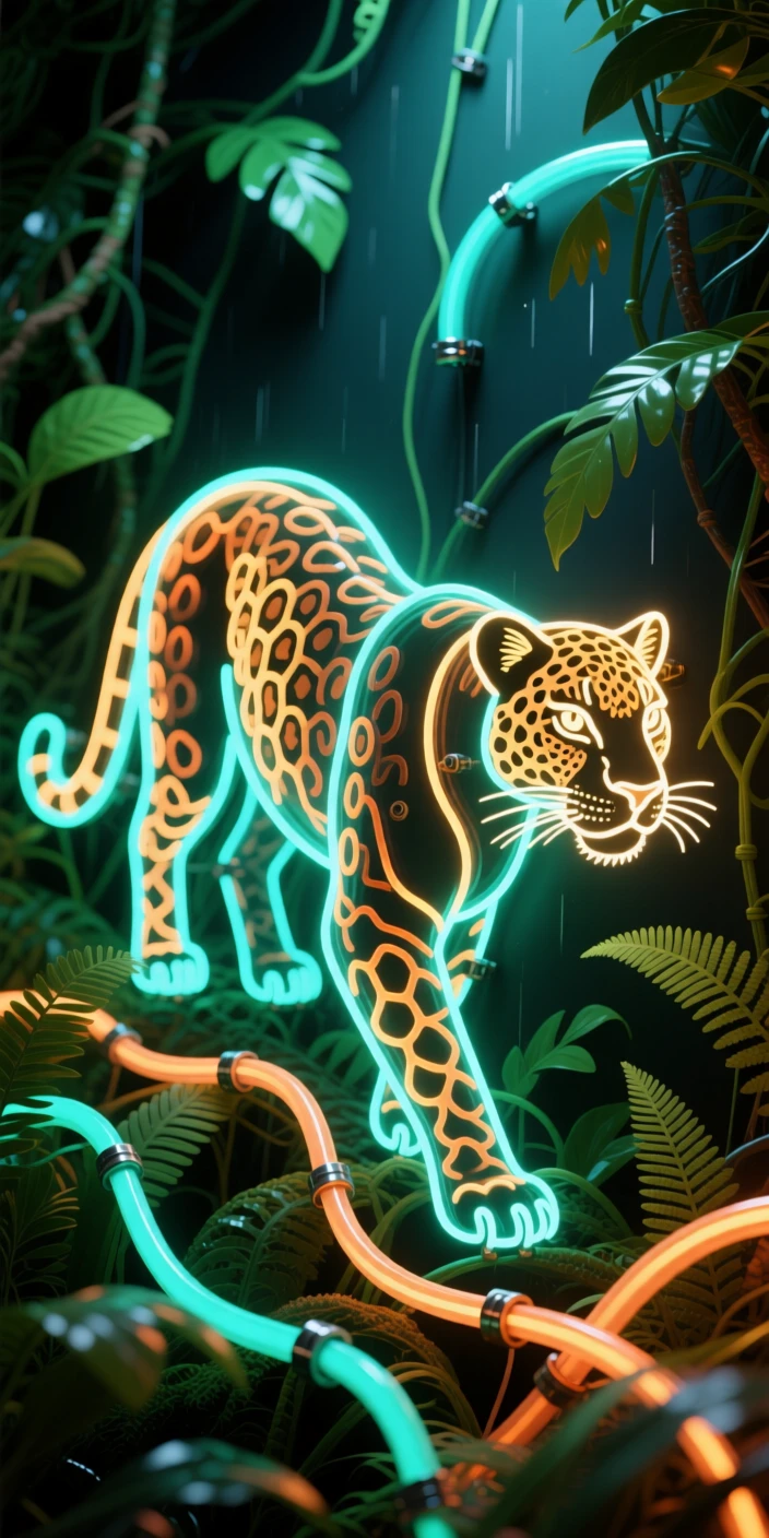A jaguar prowling silently through dense rainforest undergrowth.