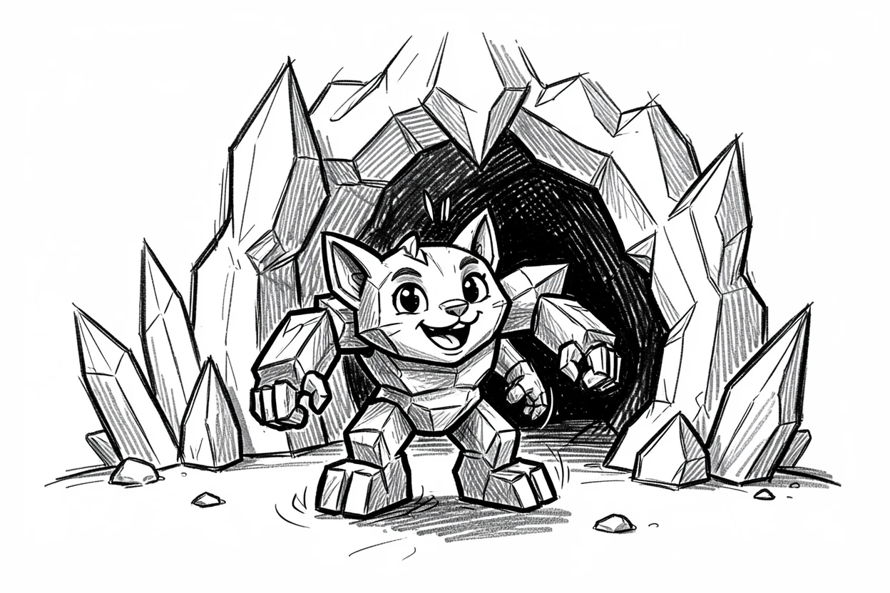A crystal golem no bigger than a cat beside a crystal cave entrance.