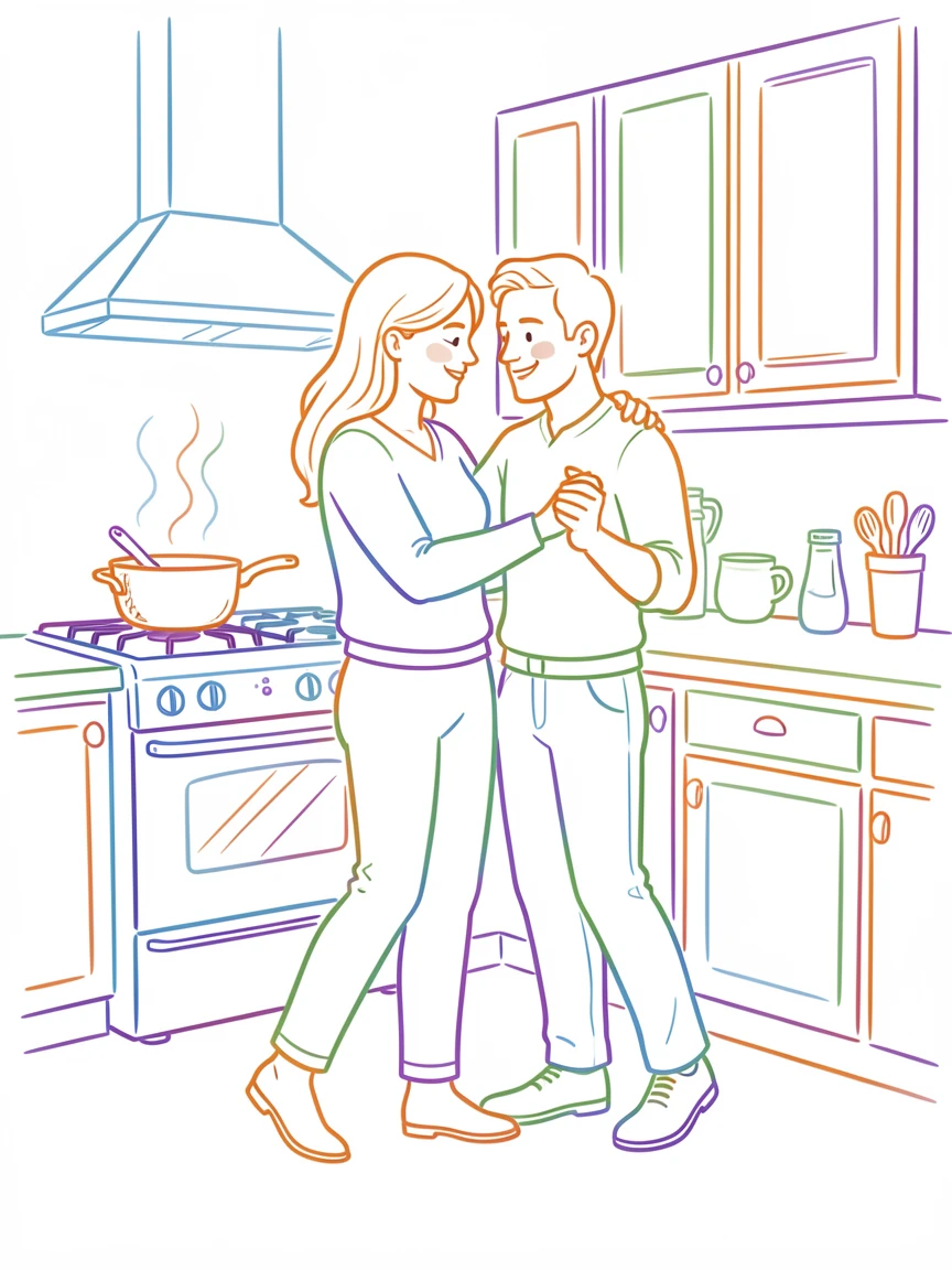 A couple slow dancing in their kitchen while dinner simmers on the stove.