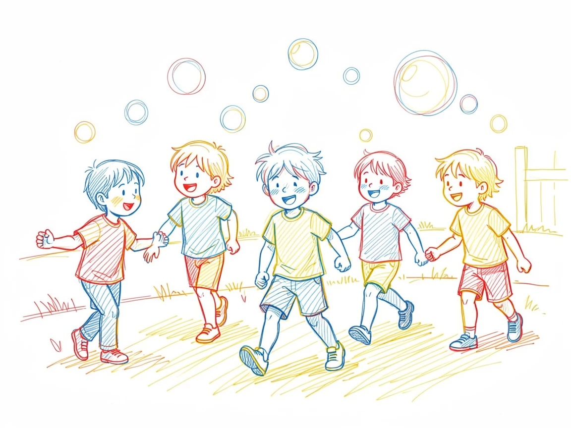 A group of children chasing bubbles across a sunlit backyard