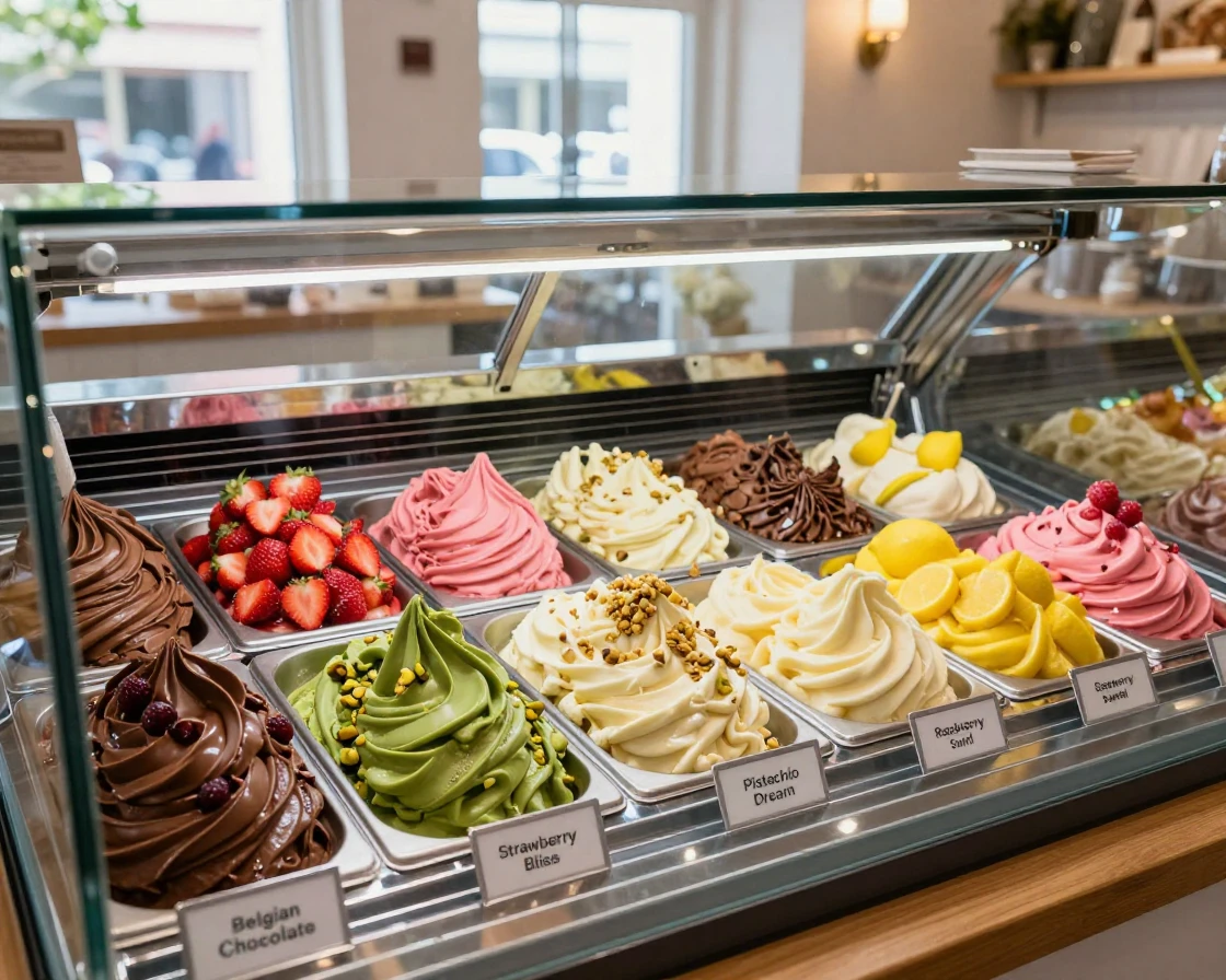 A gelato display case filled with vibrant flavors