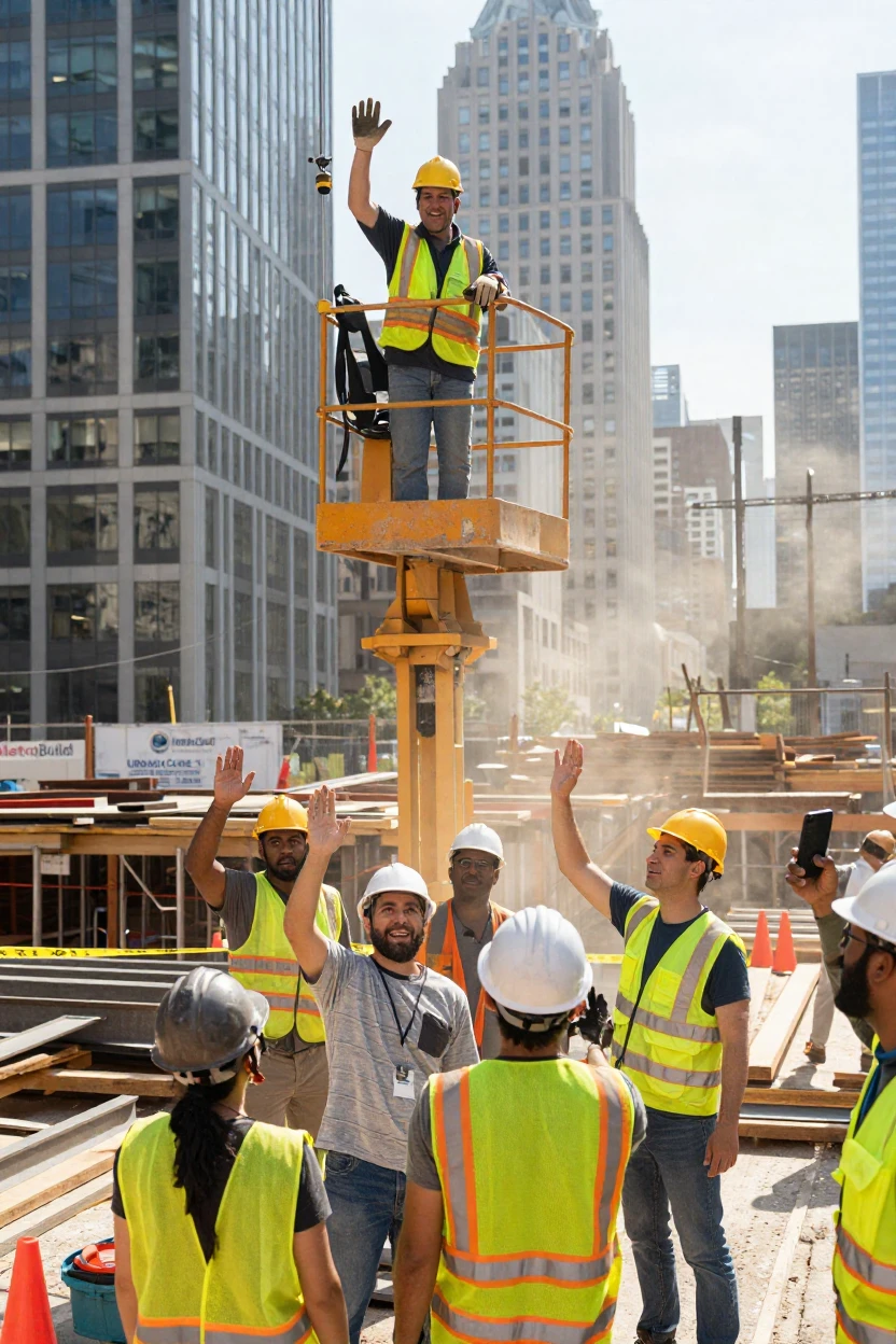 A crane operator waves down to workers from high above a downtown construction site.