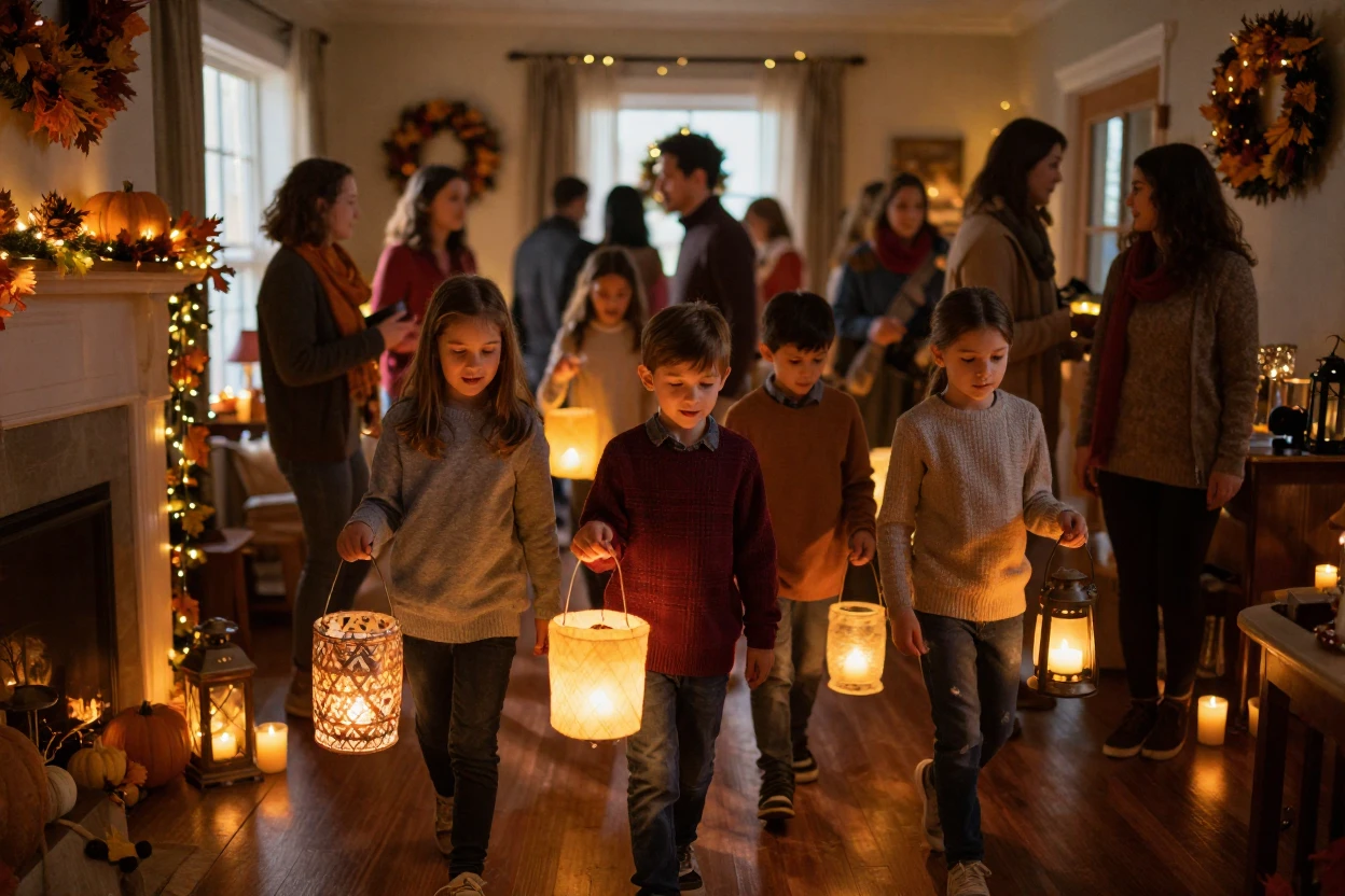 A group of children carrying lanterns through a festival crowd inside a home decorated for the season