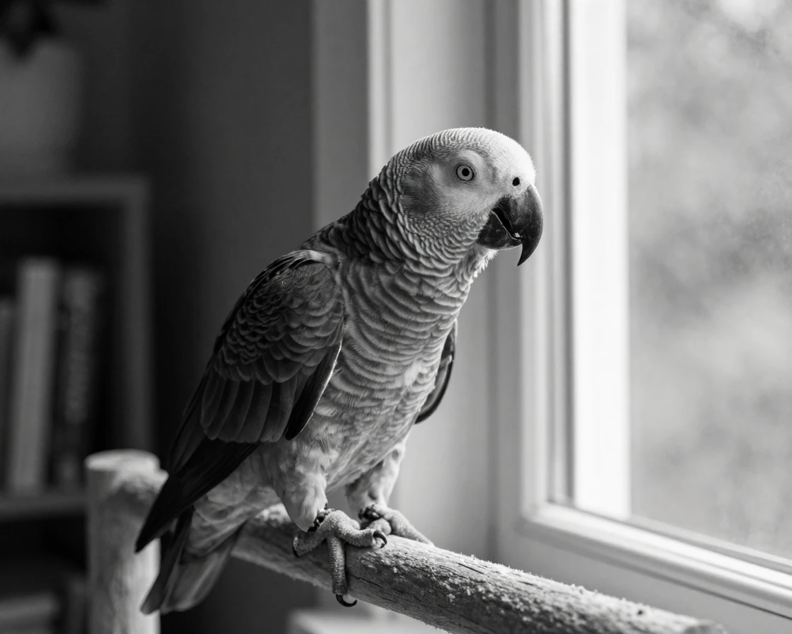 A parrot mimics its owner's favorite phrase on a wooden perch by a window.