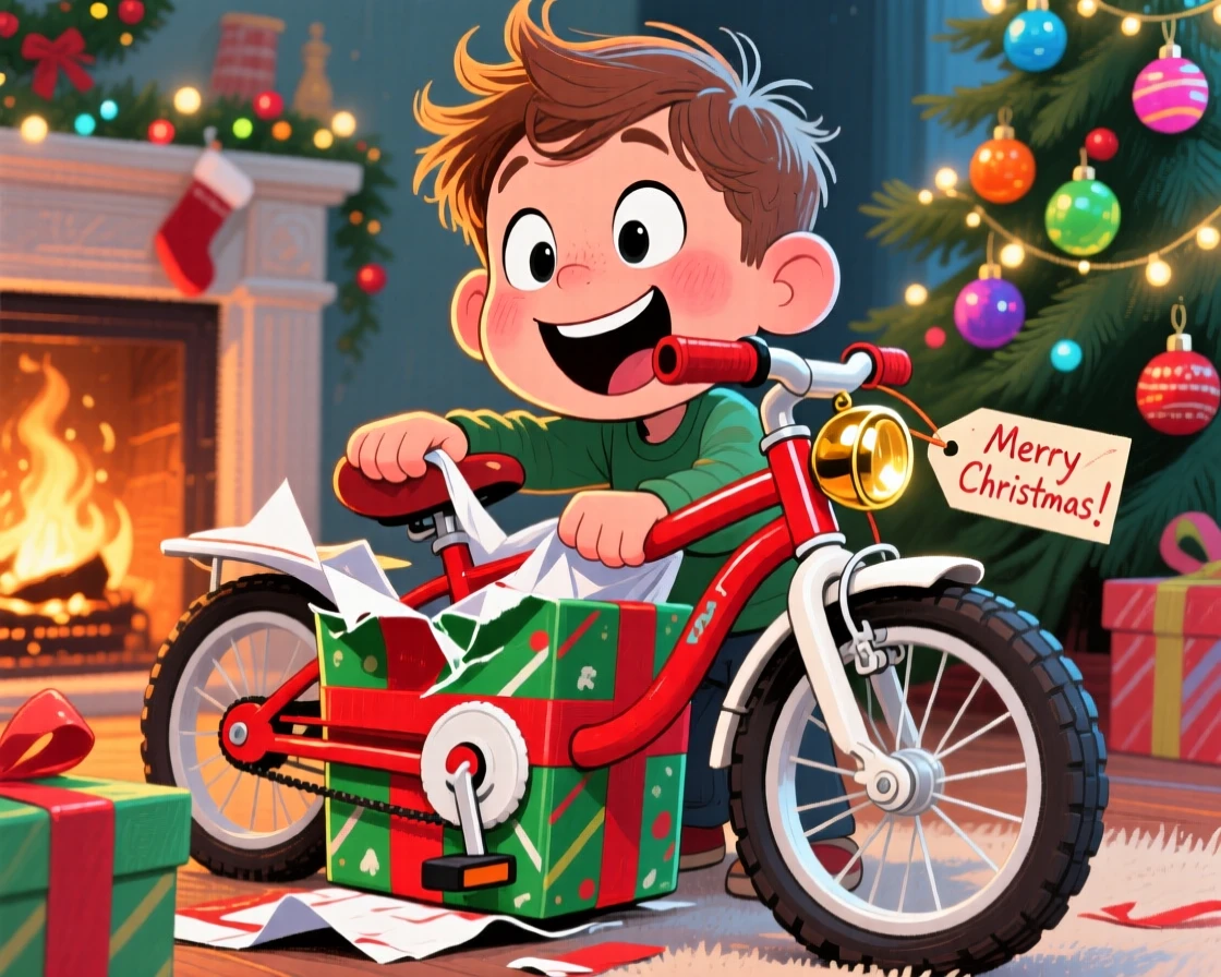A young boy opening a bicycle-shaped gift on Christmas morning, eyes wide with joy.