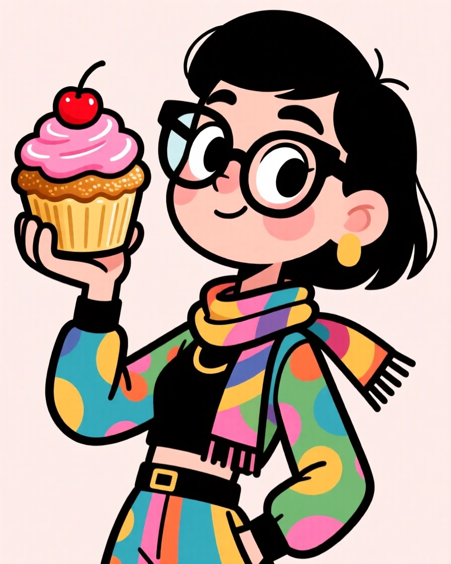 A charming portrait of a stylish fashion designer, tilting their head curiously with a wide-eyed expression, holding up a freshly baked treat.