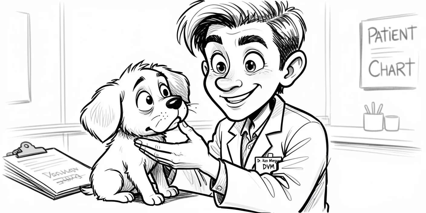 [Occupations & Hobbies] Detailed scene of a dedicated veterinarian gently examining a nervous puppy, showcasing skill and dedication