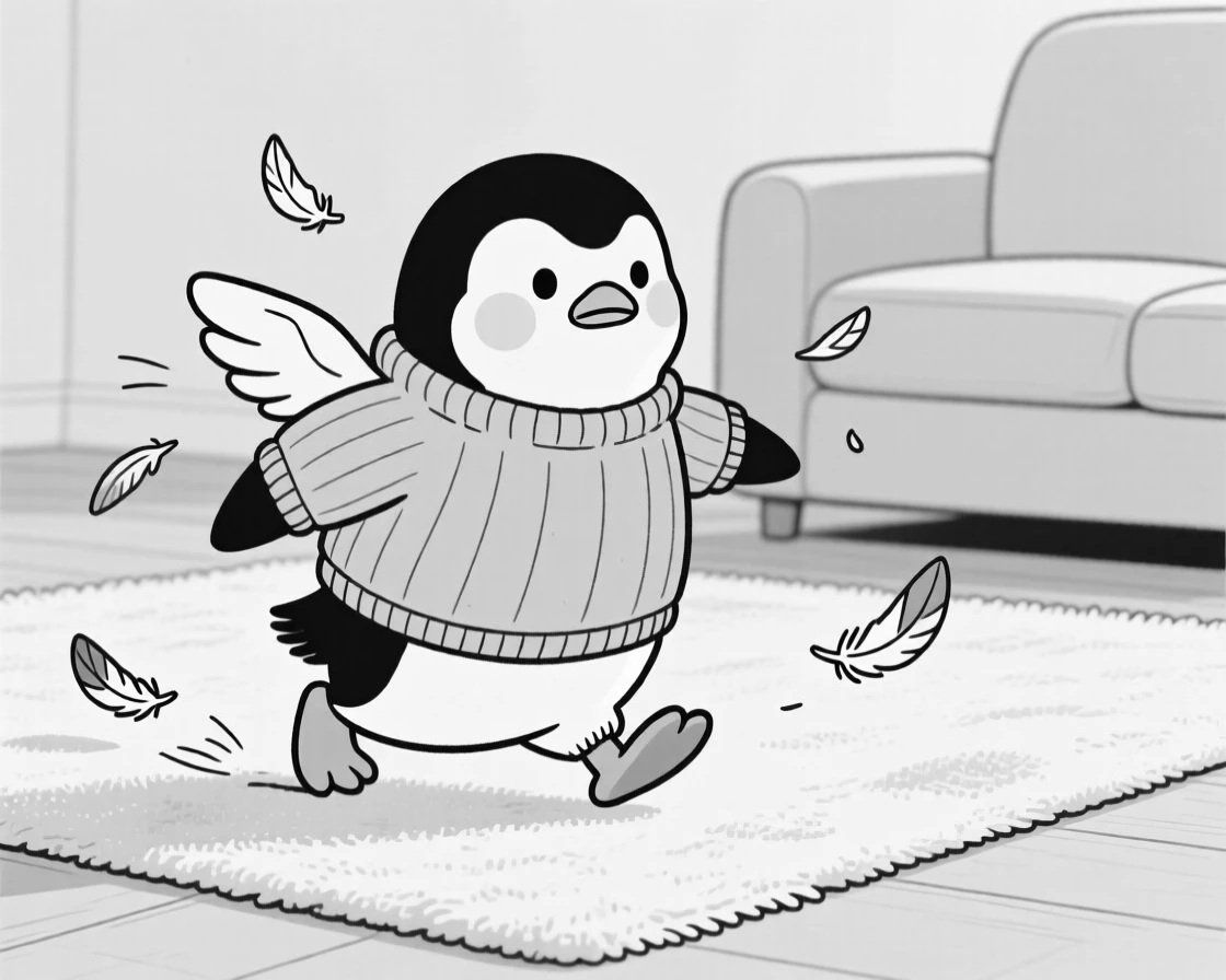 A penguin waddling with exaggerated determination, shivering with an embarrassed expression, set on a living room rug in a tiny sweater. Feathers scatter from an overenthusiastic flap. There's something deeply endearing about the little chaos.