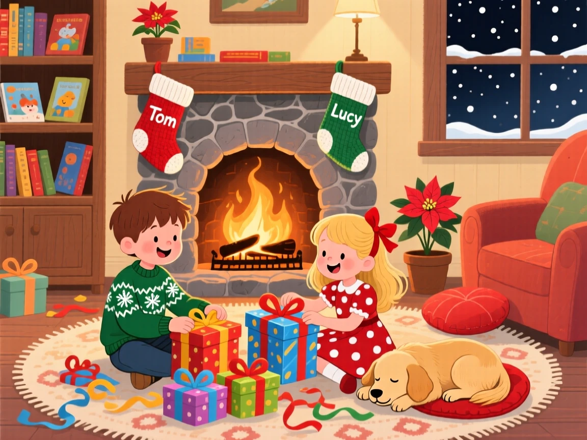Twin siblings spends the afternoon wrapping presents by the fireplace with his little sister, while a puppy dozes nearby.