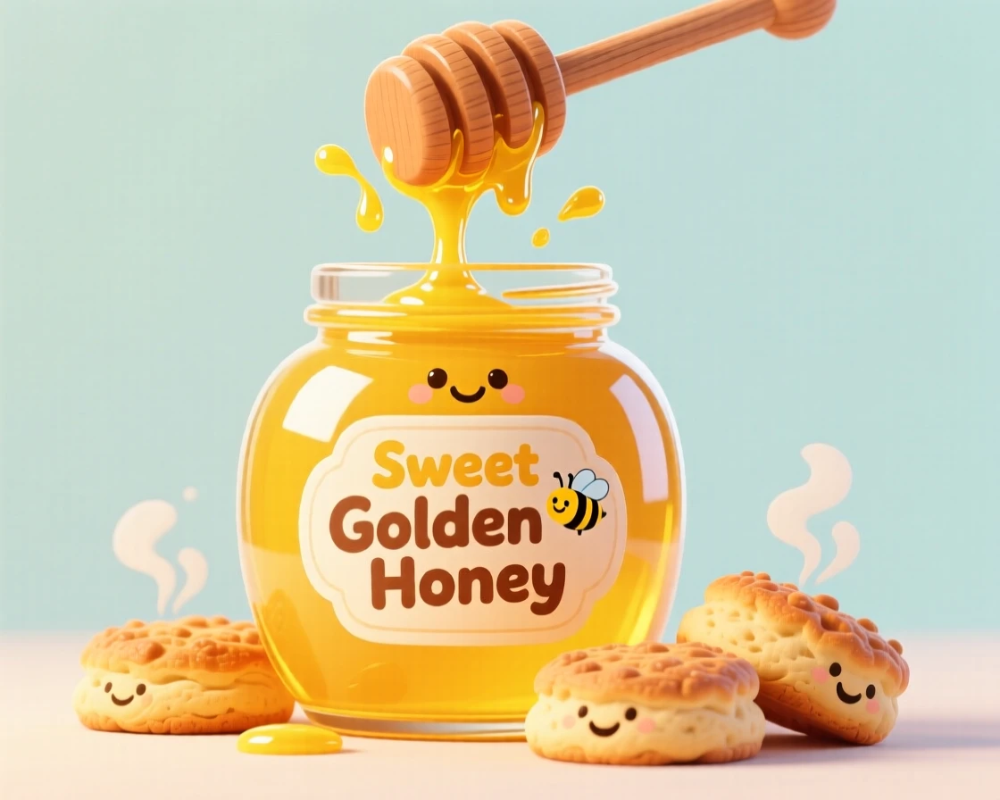 A honey jar with a dipper drizzling over warm biscuits.