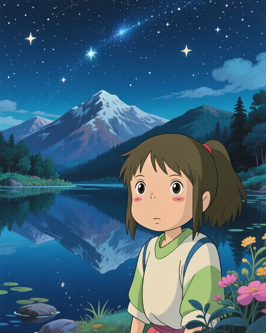 A nighttime scene of a starry sky reflected in a still mountain lake, quietly enchanting.
