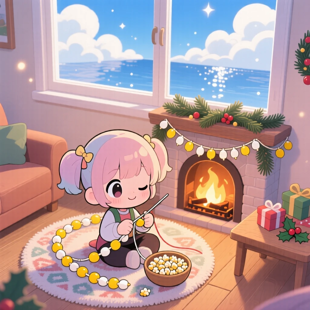 In a cozy living room by the fireplace, a young girl is stringing popcorn garlands for the holidays beneath fluffy drifting clouds, bathed in shimmering reflected light off water, expression full of peaceful calm. Shot as a bird's-eye view.