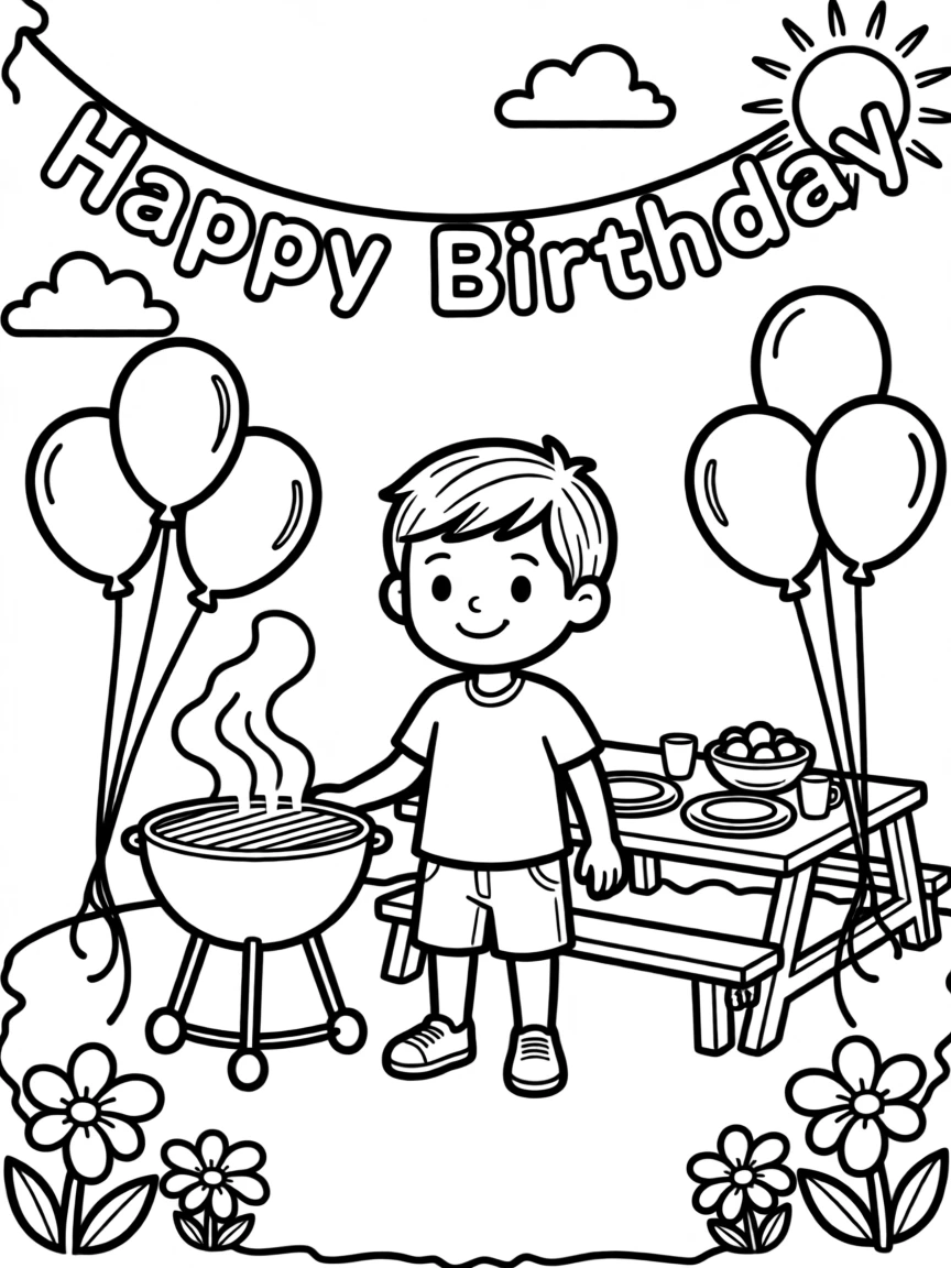 A summer barbecue with balloons and a birthday banner