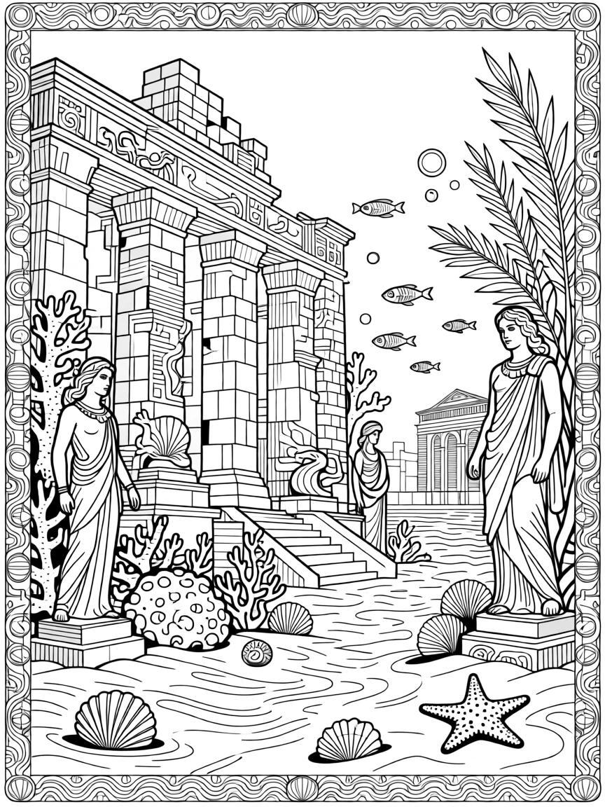 A sunken city of Atlantis with coral-covered temples and statues.