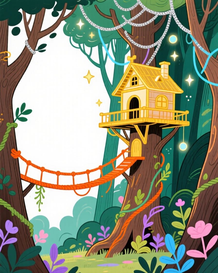 A treehouse kingdom connected by rope bridges in a mystical forest.
