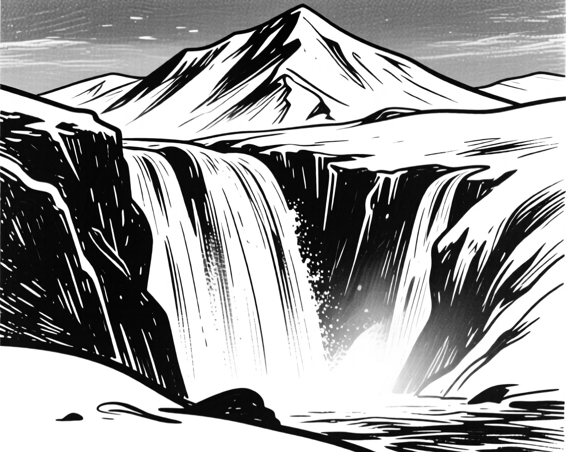 A dramatic mountain waterfall freezing mid-cascade in winter light.