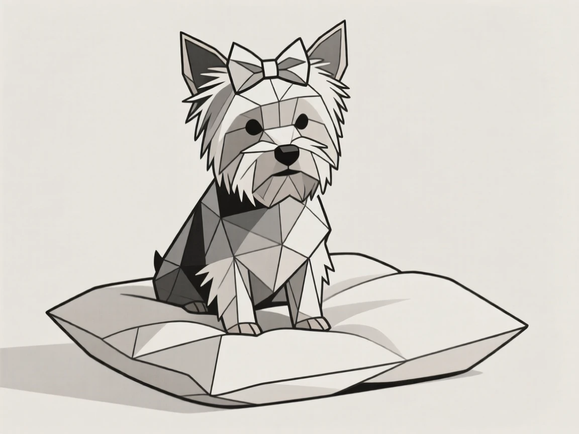A Yorkshire terrier with a bow sitting on a cushion