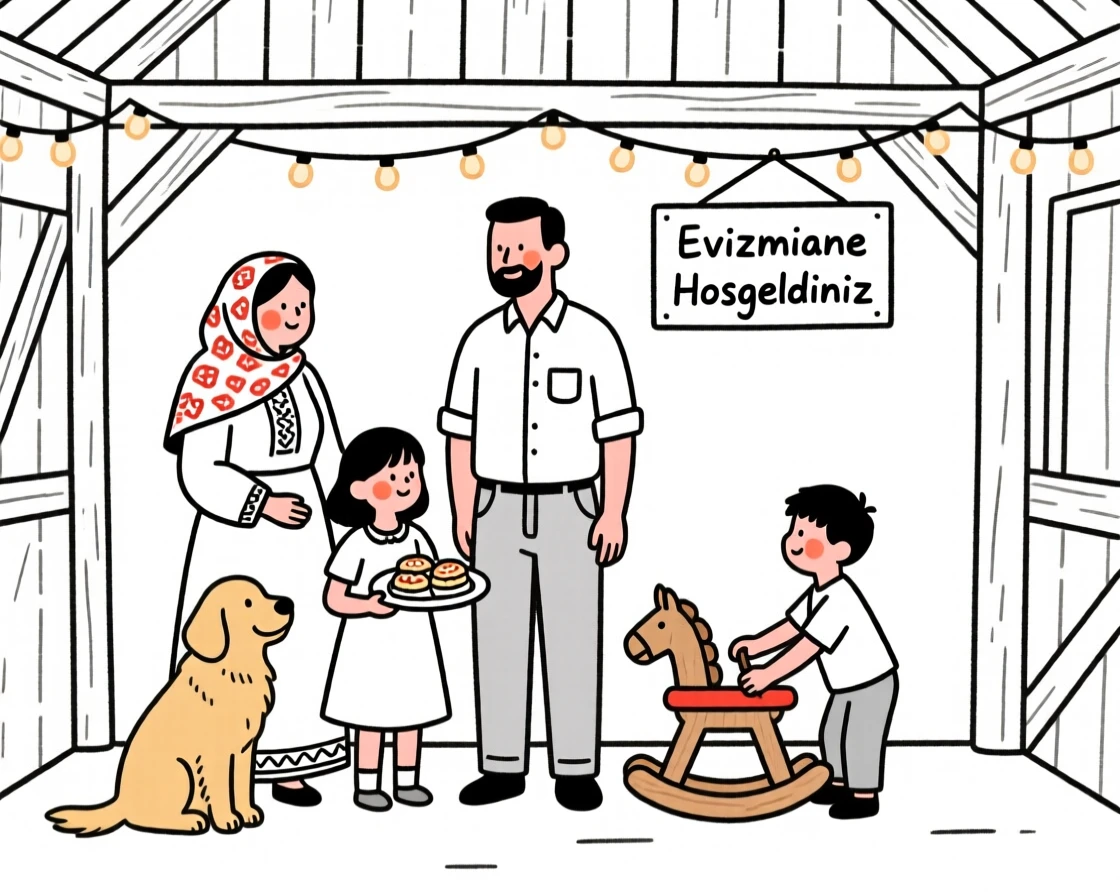 A family of Turkish heritage celebrating a housewarming, in a rustic barn.
