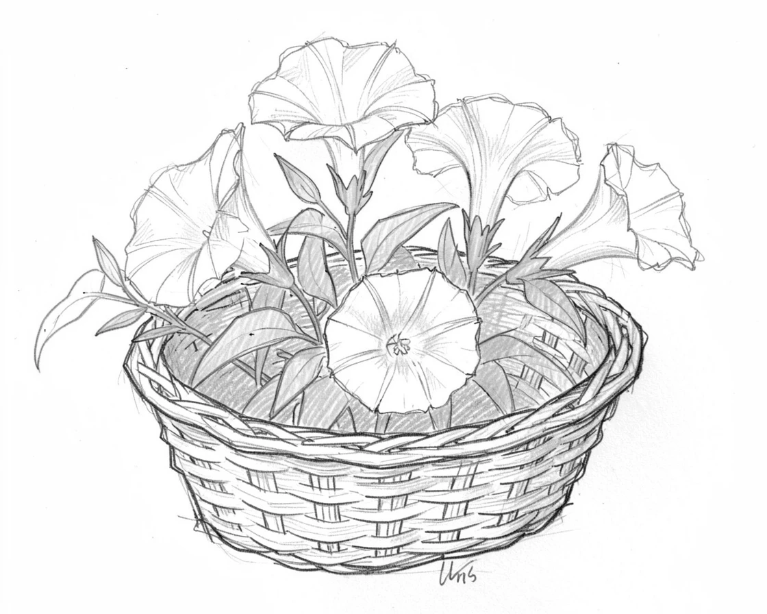 A close-up still life of a bundle of morning glories in a woven wicker basket, framed by delicate green leaves.